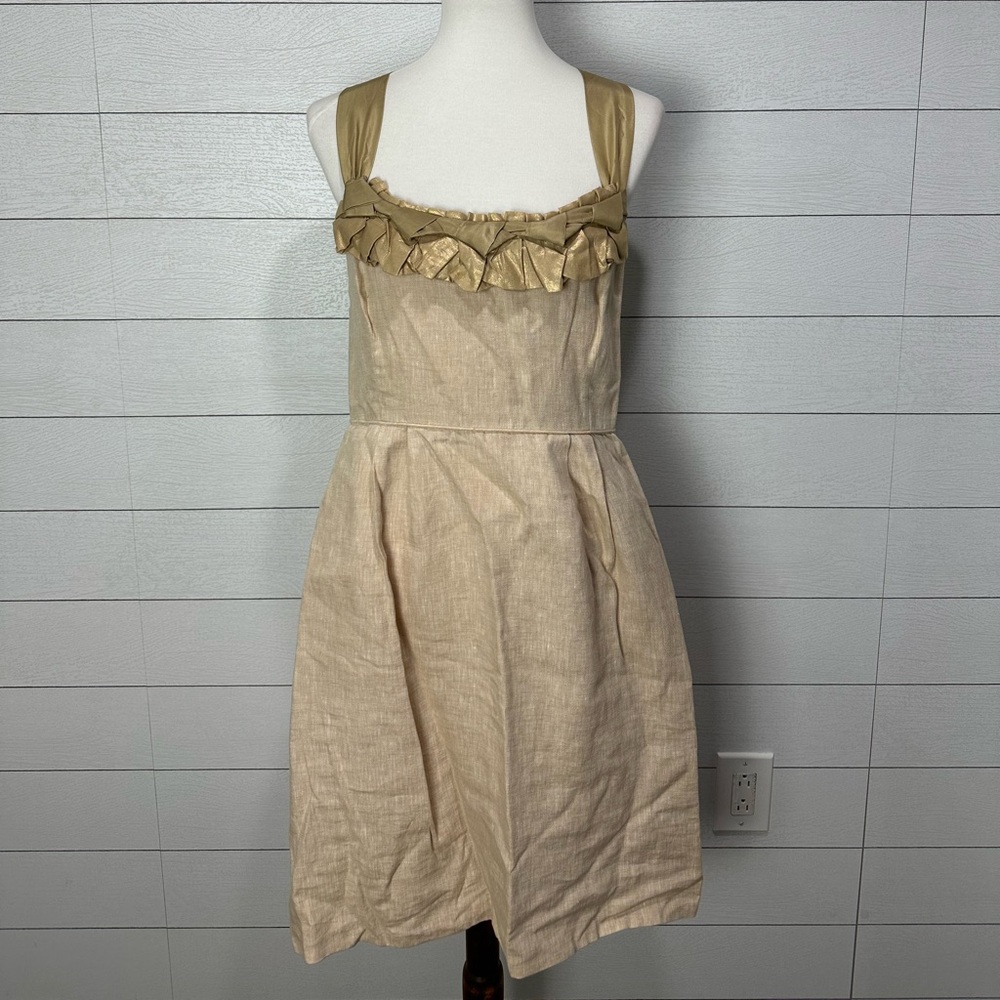 J. Crew Beige and Gold Ruffle-Trim Sleeveless Dress
